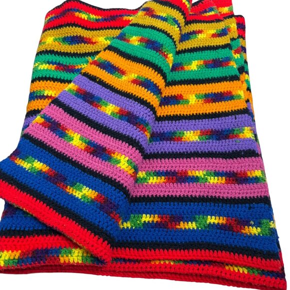 Handmade Crochet Striped Multicolor Blanket Oversized Throw Rainbow 87 x 54 in - Picture 2 of 4